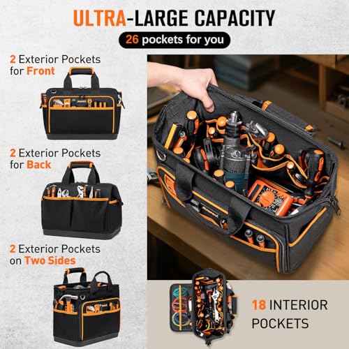 Electrician Tool Bag 17-Inch, 26-Pocket Large Tool Bags for Men Women with Waterproof Hard Bottom & Adjustable Shoulder Strap, Tool Bag Organizer for HVAC Craftsman Contractor Carpenter Electrician