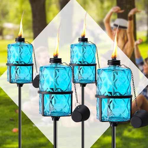 4 Pack Blue Glass Garden Torch 12 oz Outdoor Torch Garden D?cor,60-Inch Upgraded Citronella Torches with 3-Prong Grounded Stake for Party Patio Pathway