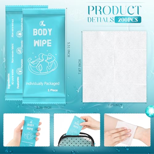 Timgle 200 Pcs Deodorant Body Wipes Individually Wrapped Bath for Adults Face Hand Body Wipes Pearl Pattern Wet Shower with Aloe Bathing Disposable Cleansing for Travel Gym Travel