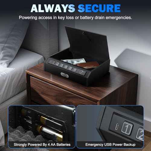 Biometric Gun Safe for Pistols Fingerprint Handgun Safe for Nightstand, Quick Access Pistol Lock Box with PIN Keypad & Keys, Portable Firearm Storage for Home Car Office