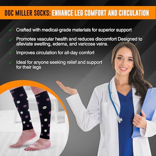 Doc Miller Calf Compression Sleeve – Footless Socks for Women & Men, 20-30mmHg, Shin Splint & Leg Cramp Support, Varicose Veins, Knee High, 1 Pair, Polka Dot