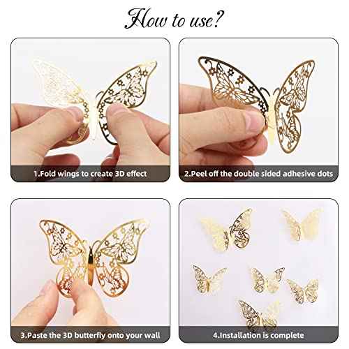 144 Pcs Gold Butterfly Wall Decor, 3D Butterfly Stickers 6 Styles and 3 Sizes, Removable Mural Stickers Metallic Butterflies Decorations for Walls