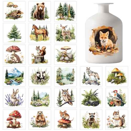 GLOBLELAND 25 Sheets Forest Animals Adhesive Stickers Jungle Animals Decal Stickers 3.9x3.6 inch Autumn Plants Landscape Adhesive Lantern Jar Decals for Window Lamp Glass Cup Vase Art Home Decor
