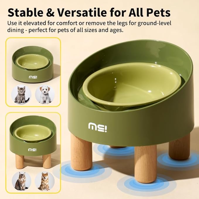MS!MAKE SURE Ceramic Elevated Cat Bowls with Wooden Stand Set, Adjustable Raised Pet Bowls for Small Dogs & Cats, Anti - Slip Rubber Pad, Leak - Proof, Lead & Cadmium Free, Whisker - Friendly, Pink