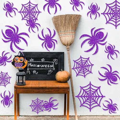 24Pcs Halloween Decorations 3D Spider Scary Wall Decor Stickers Purple Glitter Spider Web Window Decals Spooky Halloween Party Decorations for Indoor Home Room Wall Decoration