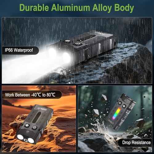 BORUIT EV20L LED Rechargeable Small EDC Flashlight with Green Beam,Pocket Keychain Flashlights with RGB Side Light,IP66 Waterproof,Clip & Tail Magnet for Outdoors Emergency Camping,Aluminum Black