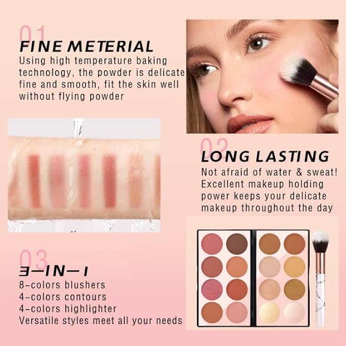 NewBang 16 Colors Blush Contour Highlighter Makeup Palette with Brush, Matte Mineral Face Blush Powder for Cheek, Bright Shimmer Illuminator Bronzer Professional Facial Beauty Makeup Blushes Set