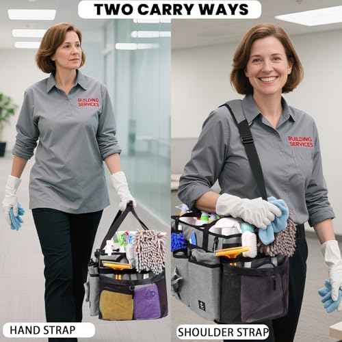 Extra large Cleaning Caddy Bag Built-in Sturdy Support Board, Cleaning Organizer with Detachable Divider, Cleaning Supply Tote with Adjustable Shoulder Strap (Grey, 19'' x 11'' x 11'')