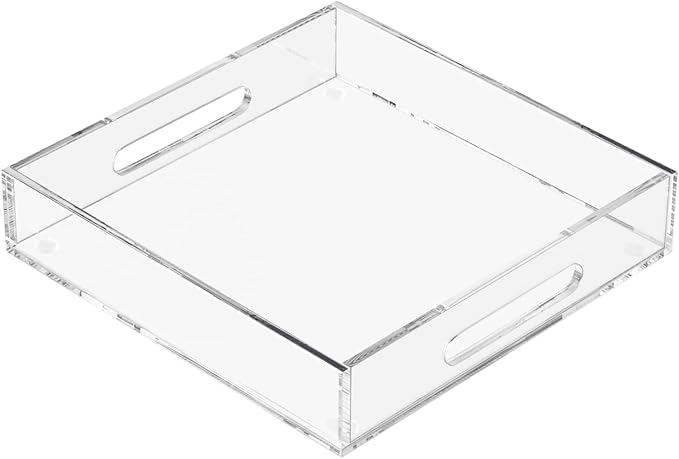 KOTEMON Acrylic Serving Tray with Handles-12x12x2.36Inch-Decorative Tray Letter Tray Organizer for Ottoman Coffee Table Countertop, Clear