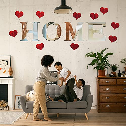 14PCS Mirror Wall Decor Home Sign Letters for Wall Stickers Decal, Silver 3D Art Red Heart Sticker for Bedroom Family Farmhouse Office Modern Living Room Decor