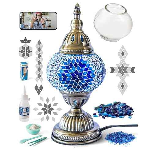 KRAFTSTORIES Turkish Mosaic Lamp Kit DIY Glass Decorative Table Bedside Night Light Tabletop for Living Room Bedroom | Make Your Own Lamp | Antique Bronze Base (Blue)