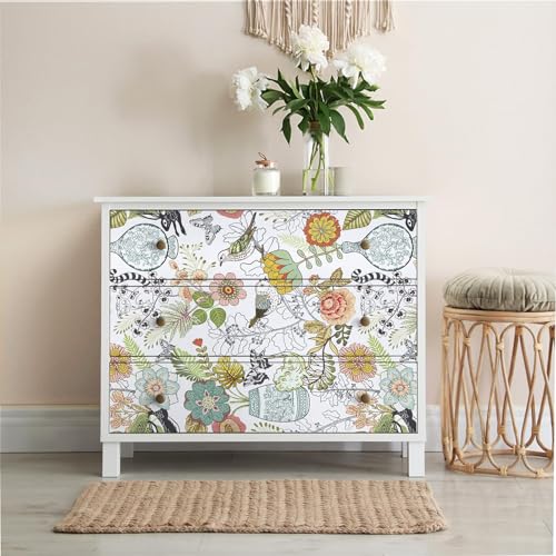 Decoroom Boho Floral Peel and Stick Wallpaper, Ainmals Birds Flower Contact Paper, Thicken Self Adhesive Removable Green Wall Paper for Wall Shelf Liner Drawer 17.7" X 118"