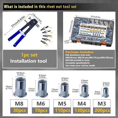 Rivet Nut Tool Kit 540Pcs Nut Riveter Tool Kit (M8/M6/M5/M4/M3), Suitable for Furniture, Decoration, Automobile, Shipbuilding and Industrial Applications