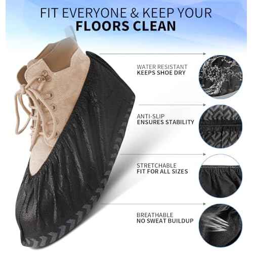 200 Pcs Disposable Shoe Covers Non-Slip X-Large, Fits Men US 9-13 / Women US 10-12, Slip-Resistant Booties, Waterproof, Elastic Band, Non-Slip Silicone Sole, Reusable, Protects Floors-Black