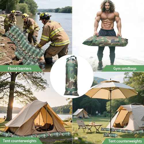 Flood Barrier Sand Bags camouflage Canvas Flood Protection Sandbags & Reusable With Insert Buckle Handle Woodland Sandbags for Emergency Flood Protection Fits Doors Garages Basemen Counterweights (4)