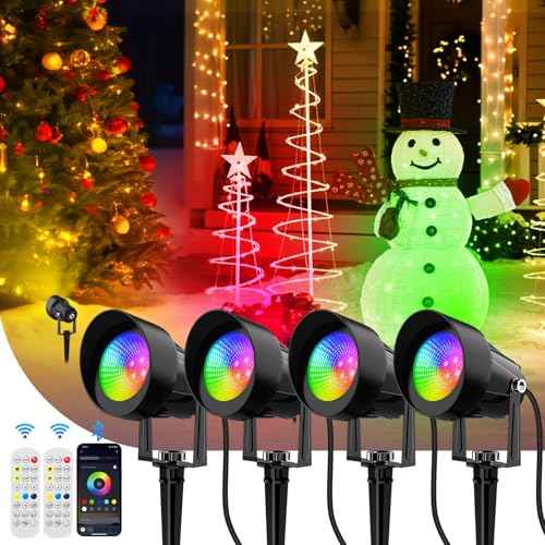 Spot Lights Outdoor, Smart RGBW LED Color Changing Landscape Lighting with APP and Remote Control, Music Mode, DIY Scenes, Timing, IP65 Waterproof Spotlight Plug in for Yard Garden, 4 Pack
