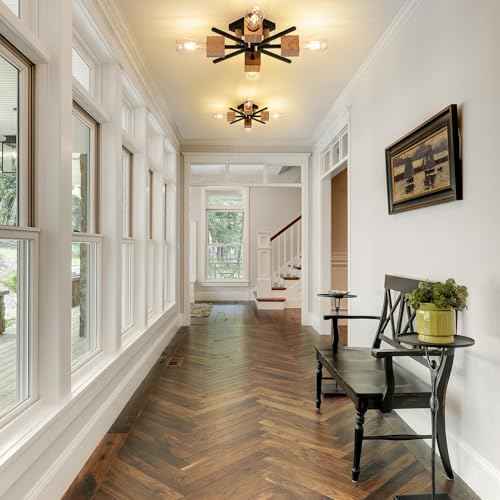 4 Light Sputnik Light Fixture Black Flush Mount Lights Industrial Ceiling Light Wood 22" Modern Farmhouse Ceiling Lights for Kitchen Bedroom Bathroom Foyer Hallway(E26)