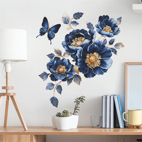Gorgeous Blue Peony Rose Flower Wall Stickers, sacinora Butterfly Floral Art 3D Wall Decals Removable Vinyl Peel and Stick for Bedroom Study Room Bathroom Home Decorations