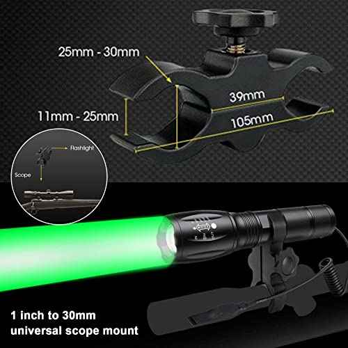 VASTFIRE 350 Yard Green Hunting Light Zoomable Flashlight Hog Predator Lights with Pressure Switch Picatinny Rail Mount 1 Inch to 30mm Scope Mount Gift Carrying Case