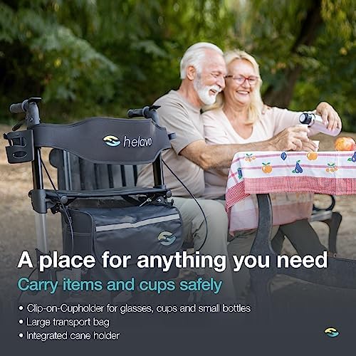 Helavo All Terrain Walker with Puncture-Proof, Flat-Free Solid Rubber Tires, 12" Wheels - Foldable Outdoor Walker for Seniors with Seat, Ergonomic Handles and Extra Padded Backrest
