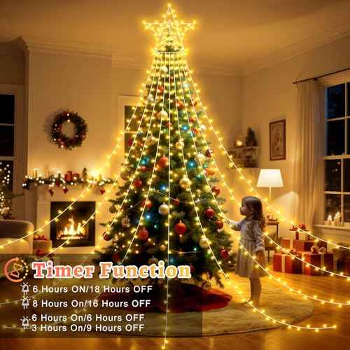 23FT 714 LED Christmas Decoration Lights Outdoor, 8 Modes Waterfall Star String Lights with Waterproof Timer, Dimmable Waterfall Tree Lights for Indoor Roof Patio Holiday Party, Warm White