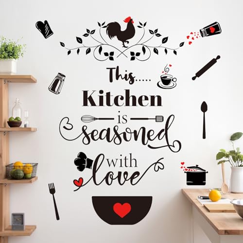decalmile Kitchen Wall Decal Quotes This Kitchen is Seasoned with Love Black Kitchen Utensil Wall Letter Stickers Living Room Dinning Hall Home Wall Decor