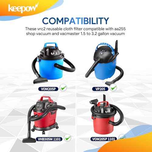 KEEPOW VRC2 Cloth Filter Compatible with Vacmaster 1.5 to 3.2 Gallon Wet/Dry Vacuums, Also Compatible with Shop Vac AA155 AA256 AA255, 2 Pack