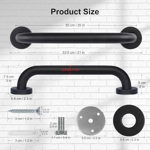 2 Pack Bathroom Grab Bar, supregear 20 Inch Length Black Shower Safety Grab Bar, 1 Inch Diameter 201 Stainless Steel Anti-Slip Handle for Senior, Elderly, Handicap