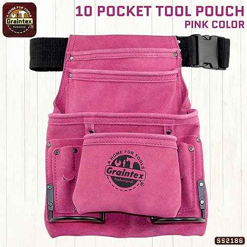 Graintex SS2186 10 Pocket Nail & Tool Pouch Pink Color Suede Leather with 2?¢æ Webbing Belt for Constructors, Electricians, Plumbers, Handymen