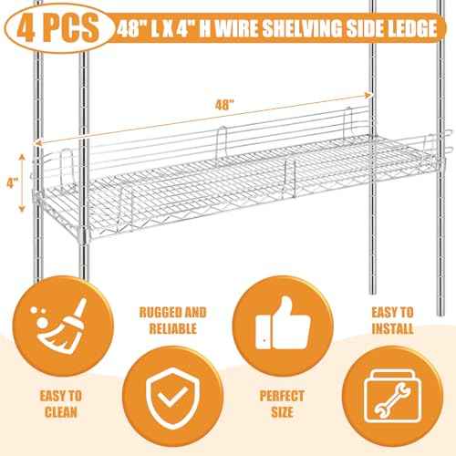4 Pcs Chrome Wire Shelf Ledge 48" L x 4" H Wire Shelving Side Ledge Metal Shelves Accessories Pantry and Garage Storage (Silver)