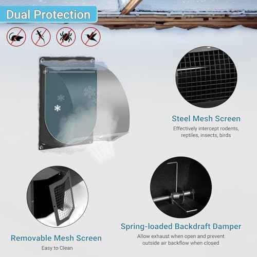 4 Inch Hooded Wall Vent with Screen, Damper, 8-1/4" Length Duct, 14 Gauge Steel Vent Covers for Wall, Wall Vent Cover for Residential Housing and Industrial Facilities Air Exhaust, Black