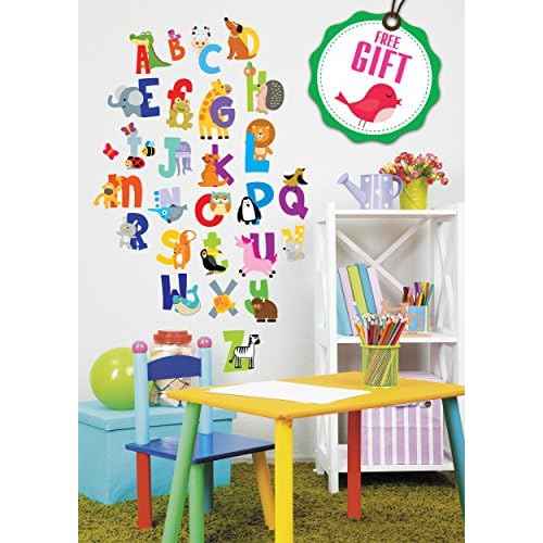 ABC Wall Decals - Alphabet Educational Animal Stickers - Classroom Decor - Playroom Decals for Wall - Animal Letters to Stick Kindergarden - Bedroom Stickers Kids ABC Lettering - [Gift Included]!