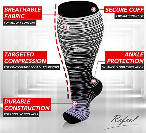 Refeel 3 Packs Plus Size Compression Socks Wide Calf For Women & Men - Large Size Knee High Support Stockings For Medical…
