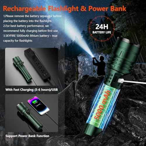 SKYFIRE LED Flashlights High Lumens with Ignition Lens, Rechargeable Zoomable Flash Light, 5 Modes Waterproof IPX6 Handheld Powerful Tactical Flashlight for Emergency Camping Essentials Home