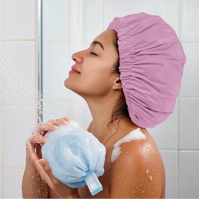 Reusable Shower Cap for Women, Large Waterproof Shower Bonnet with Elastic Band, Washable Bath Hair Cap for Long, Curly Hair, Braids, Daily Shower, Home Spa, Travel(Purple)