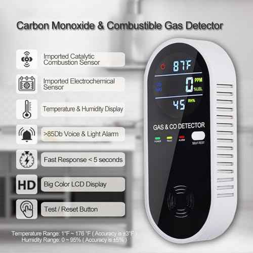 4-in-1 Combination Gas & Carbon Monoxide Detector,Dual Sensor Natural Gas Leak Detector & Carbon Monoxide Detectors Plug in (Temperature & Humidity) for Home,RV,Apartment