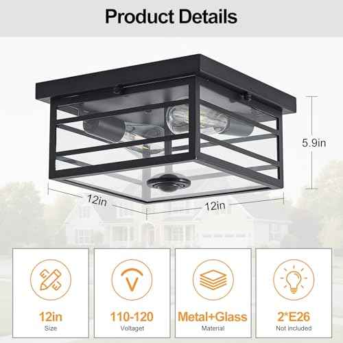 Upgraded Outdoor Ceiling Lights with Motion Sensor and Remote, Flush Mount Ceiling Light Fixture with 4 Lighting Modes, Squares Black with Clear Glass for Porch Patio Entryway Garage Farmhouse