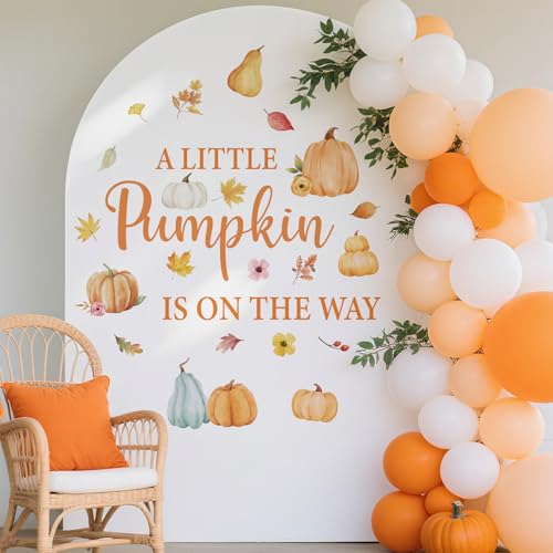 A Little Pumpkin is On The Way Decal - Autumn Fall Pumpkins Backdrop Decals for Baby Shower Party Decorations, Halloween Balloon Arch Sticker for Gender Reveal Party Supplies