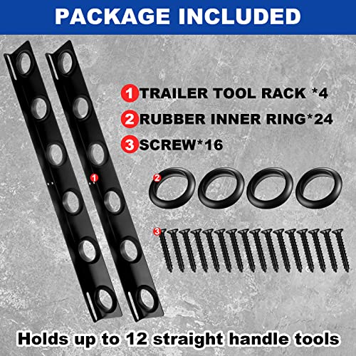 Dunzy 4 Sets 6-Tool Landscape Trailer Rack for Lawn Equipment 6 Hole Hand Tool Storage Rack Landscaping Shovel Holder for Truck with Rubber Grommets and Mounting Hardware Accessories, Black