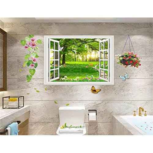 3D Self-Adhesive Painting Fake Window Wall Stickers Tropical Island with Palm Trees Wall Mural Window View Wall Decor for Home (17.3"¡¿27.6", Big Tree)