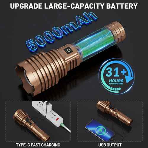 LED Flashlight High Lumens, 6000 Lumens Rechargeable Flashlight, Battery Powered Flashlight, Adjustable Powerful Flash Light with 5 Modes, Waterproof Handheld Flashlight for Home