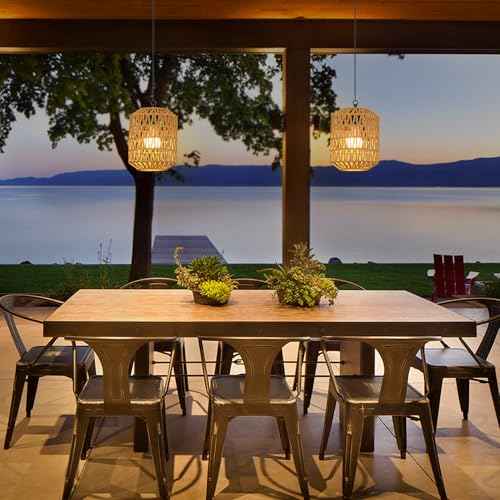 HMVPL Battery Operated Chandelier, Rattan Battery Operated Pendant Light with Remote, Boho Outdoor Chandelier for Gazebo, Wireless Gazebo Light, Outdoor Hanging Lamp for Patio Pergola Indoor(2 Pack)