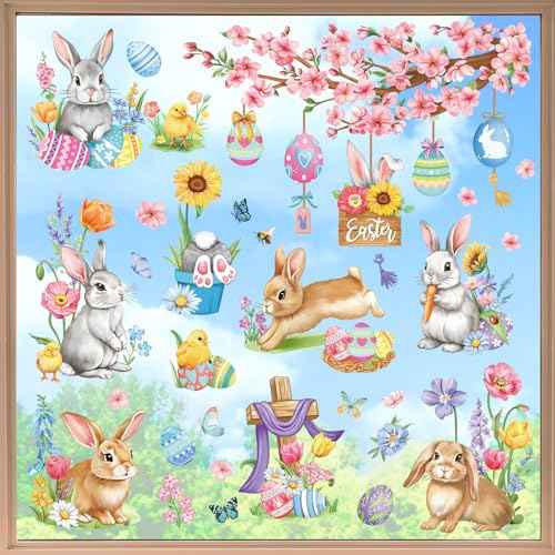 decalmile Spring Easter Window Clings Bunny Rabbit Eggs Window Decals Anti-Collision Glass Window Doors Flower Tree Branch Window Stickers