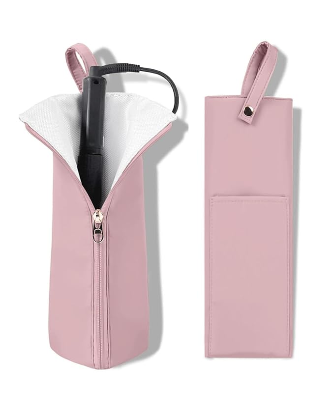 Holder & Mat for Curling Iron Flat Iron, Heat Resistant Hot Hair Tool Travel Bag Case (pink)