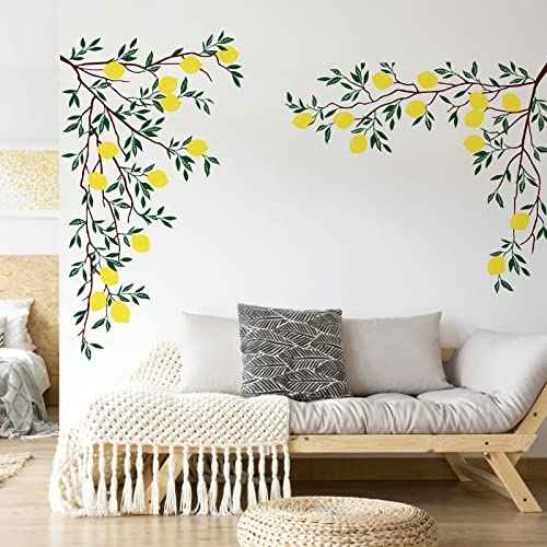 Supzone Lemon Tree Branch Wall Decals Green Leaves Wall Stickers DIY Vinyl Art Stickers for Bedroom Living Room Office Sofa Backdrop TV Decoration