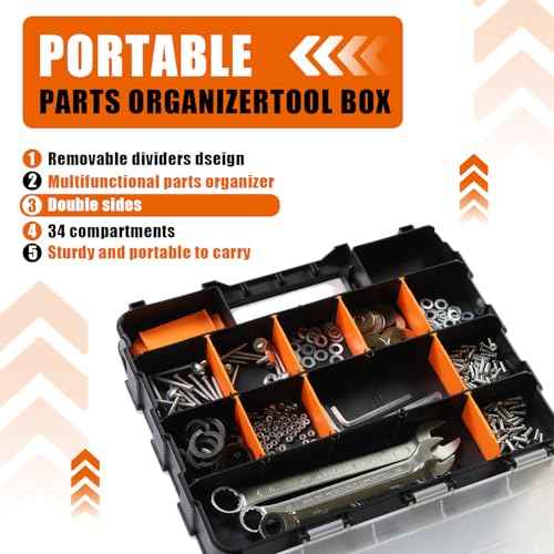 TCE AG322U Torin Double Sided Tool and Hardware Storage Box: Portable Small Parts Organizer with Removable Plastic Dividers for Tools, Small Items and Jewelry, Black/Orange