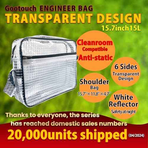 Engineer Bag,15.7 Inches Transparent ESD Anti-Static Shoulder Bag, Cleanroom Tool Bag, Thick PVC, 15L Capacity