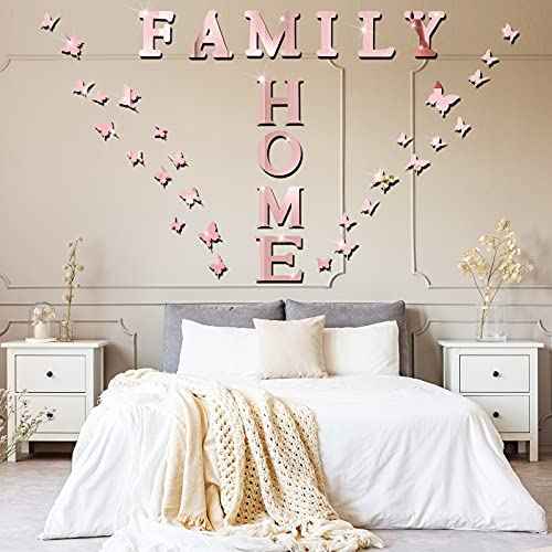 Outus 3D Family Home Sign Letters Living Room Decor Family Rustic Farmhouse Wall Decor Acrylic Mirror Decorative Butterfly Mirror Wall Sticker Decals for Living Room Bedroom Kitchen (Rose Gold)