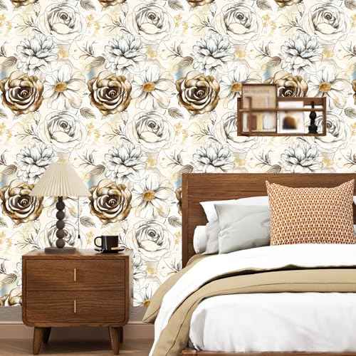 Beige Floral Peel and Stick Wallpaper Vintage Blue Contact Paper Brown Flower Wall Mural Home Vinyl Waterproof Self Adhesive Removable Renter Friendly Wall Paper 17.5" x 118"