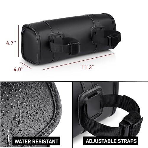 Nomad Motorcycle Tool Bag?Universal Handlebar Leather Pouch?Waterproof Cruiser Biker Roll Bag Front Fork or Saddlebag Storage (Black)